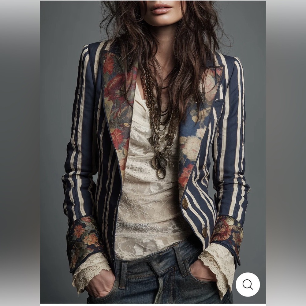 Bohemian Floral Print Cotton And Linen Striped Blazer